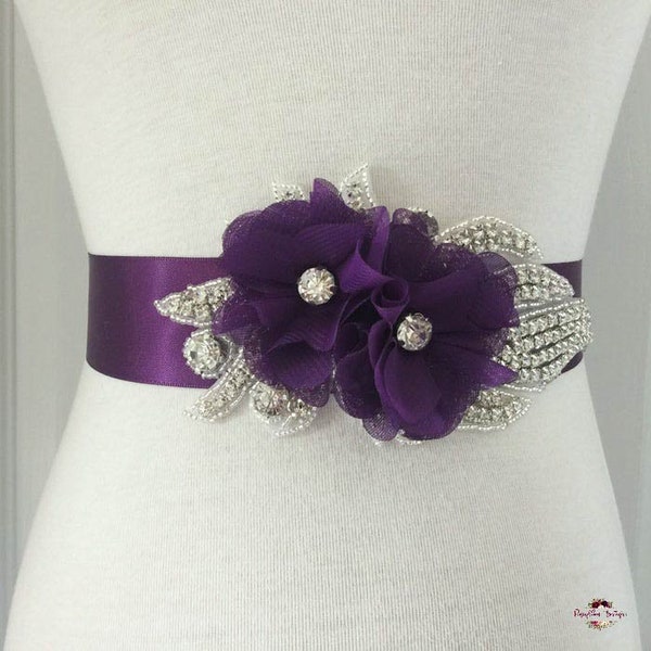 Purple Bridal Sash-Purple Flower Sash-Plum Sash-Wedding Sash-Purple Bridal Belt-Plum Flower Sash-Strass Plum Chiffon Flowers Sash