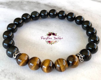 TIGER EYE & OBSIDIAN Men Bracelet-Stretch Bracelet-Beaded Bracelet-Tiger Eye Bracelet-Black Obsidian Bracelet-Natural Gemstone-Gift for Him