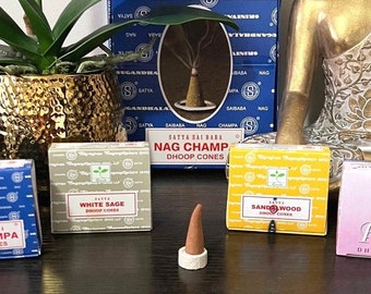 Incense Cone-Scented Incense-Dhoop Cones-Aromatherapy-Nag Champa-Dragon&#39;s Blood-Rose-Sandalwood-White Sage-Palo Santo-12 Cones & Holder