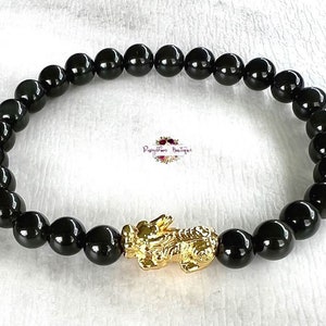 Feng Shui PIXIU & BLACK OBSIDIAN Wealth Luck Protection Bracelet-Pixiu Bracelet-Good Luck Bracelet-6mm Bead-Gemstone-Crystal-Stretch-Natural