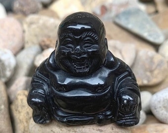 BLACK OBSIDIAN Buddha Statue-36mm Mini Natural Black Obsidian Laughing Buddha-Chinese Happy Buddha-Lucky Buddha-Crystal Buddha-Figurine