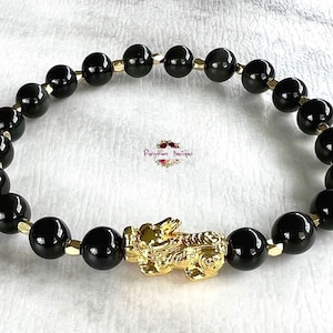 Feng Shui PIXIU & BLACK OBSIDIAN Wealth Luck Protection Bracelet-Pixiu Bracelet-Good Luck Bracelet-6mm Bead-Gold Spacers-Gemstone-Crystal