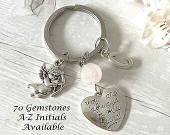 HEART & CUPID Gemstone Key Ring-Heart Keychain-Crystal Key Ring-Personalised Key Ring-Valentine's Day Gift-Crystal Gift-Charm Key Ring