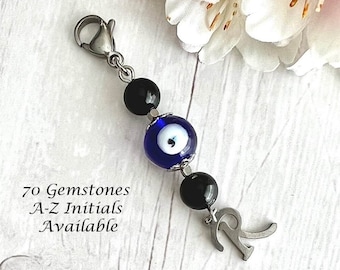 EVIL EYE Gemstone Bag/Purse Charm-Turkish Greek Evil Eye Charm-Crystal Charm-Bag Charm-Initial Charm-Zipper Charm-Personalised Gift-Handmade