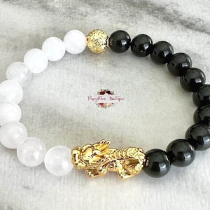 Feng Shui Pixiu, White Jade & Black Obsidian Wealth Luck Protection Bracelet-Pixiu Bracelet-Good Luck Bracelet-White Jade Bracelet-Natural