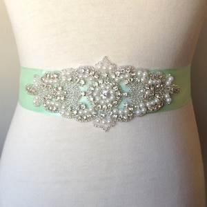 Mint Belt-Light Mint Sash-Bride Belt-Green Pearl Sash-Mint Bridal Sash-Bridesmaid Sash-Rhinestone Sash-Rhinestone Pearl Applique Sash