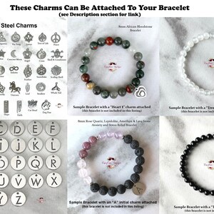 May include: A selection of stainless steel charms for bracelets, including letters, symbols, and animals.  The charms are displayed on a white background.  There are also sample bracelets with different charms attached, including a heart, a tree of life, an initial, and a triquetra.