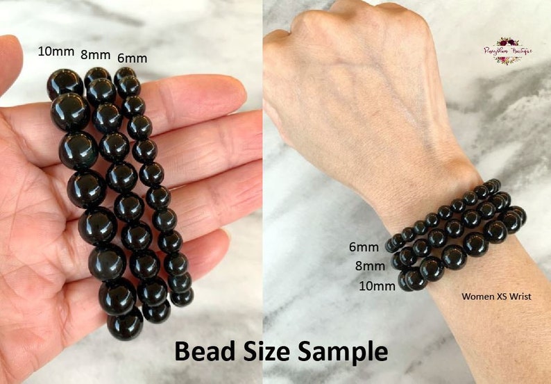 May include: Three rows of black beads on a hand, showing the different sizes: 6mm, 8mm, and 10mm. The text "Bead Size Sample" is below the beads. The text "Women XS Wrist" is below the beads on a hand wearing the bracelet.