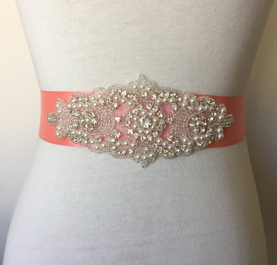 Coral Sash-Coral Belt-Bride Sash-Bridal Sash-Wedding Dress Sash-Rhinestone Belt-Prom Sash-Prom Belt-Satin Ribbon Belt-Applique Sash Belt