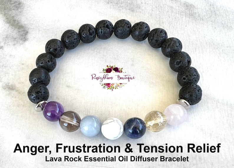 May include: Black lava rock essential oil diffuser bracelet with amethyst, smoky quartz, blue lace agate, white howlite, lapis lazuli, citrine, and rose quartz beads. "Anger, Frustration & Tension Relief" and "Lava Rock Essential Oil Diffuser Bracelet" are written below the bracelet.