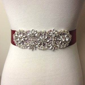 Burgundy Sash-Maroon Sash-Maroon Belt-Rhinestone Sash-Bridal Sash-Ribbon Belt-Wedding Dress Sash-Rhinestone Belt-Rhinestone Applique Sash