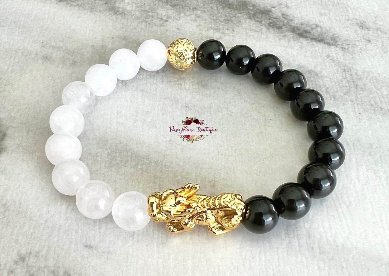 Feng Shui Pixiu, White Jade & Black Obsidian Wealth Luck