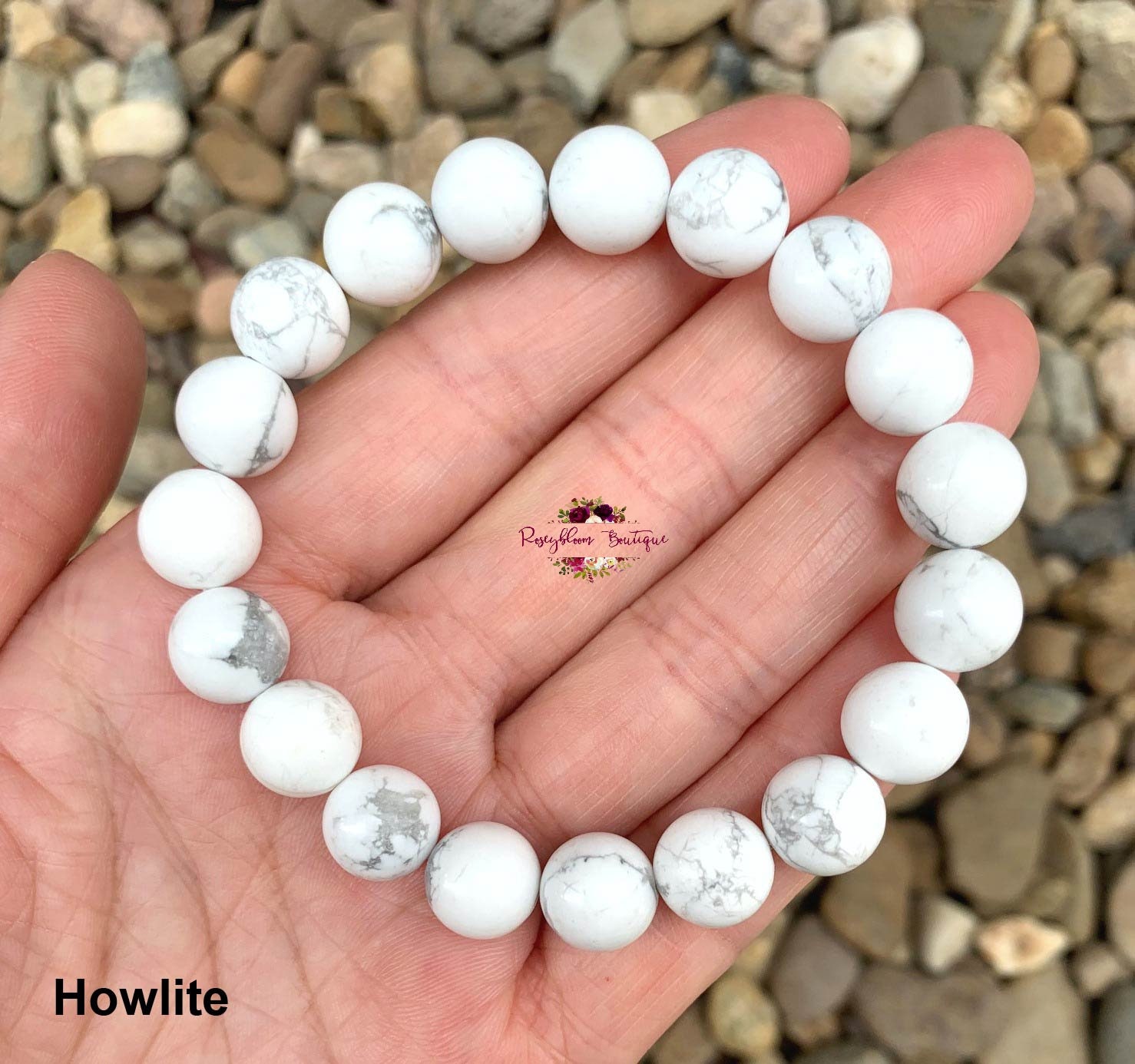 White Marble Howlite Stone Bead Bracelet with Bronze Tube - 10mm