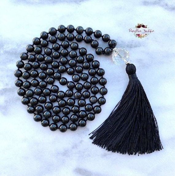 Grade AA BLACK OBSIDIAN Tassel Mala 108 Bead Mala gemstone Mala
