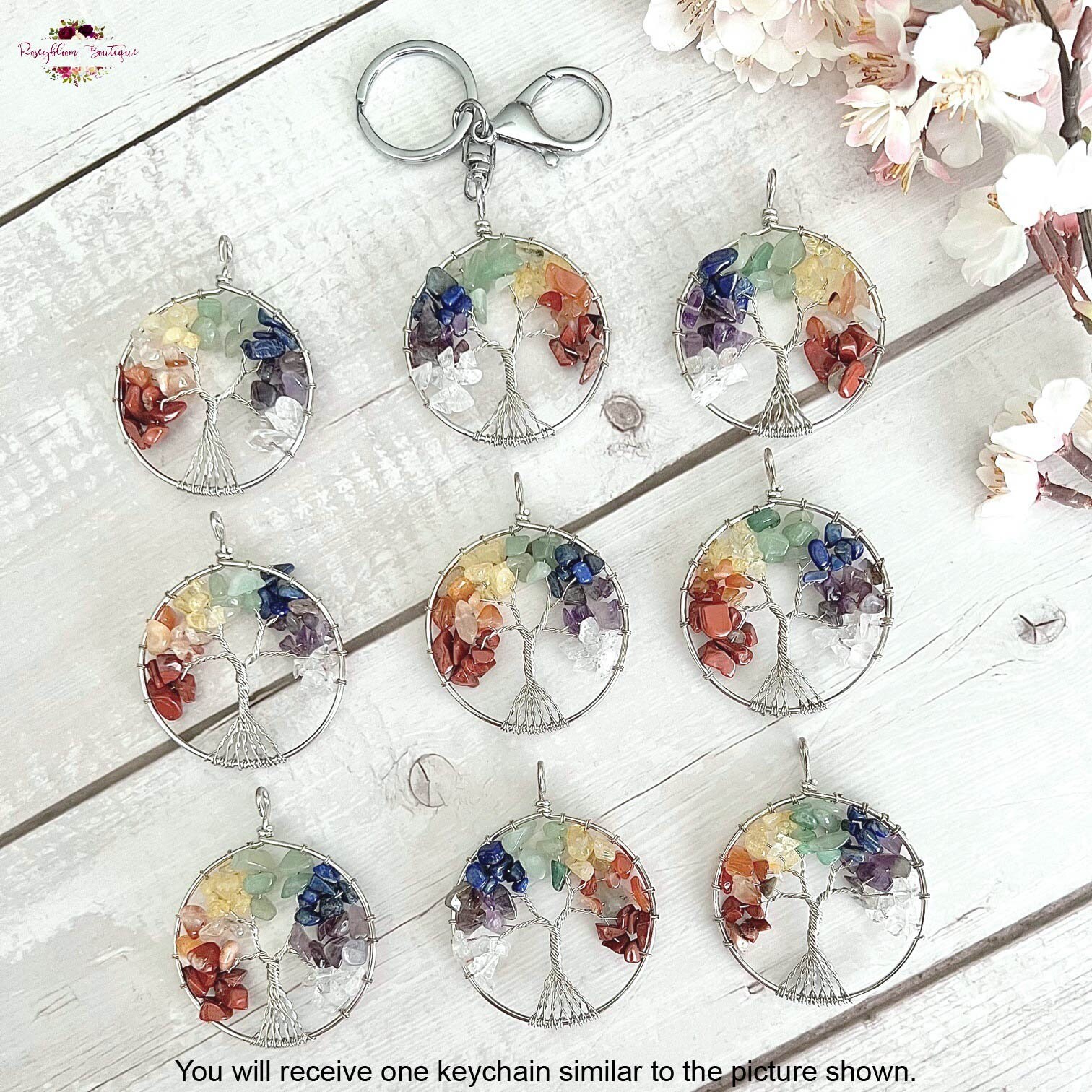 Netted Crystal Key Rings TREE OF LIFE 7 Chakras Gemstone Keychain-7 Chakras Key Ring-crystal ...