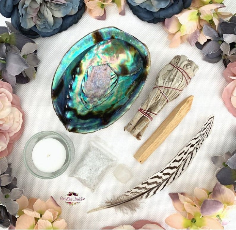 Smudge Kit-Cleansing Kit-Smudge Tool-Smudging-White Sage-Abalone Shell-Smudge Bowl-Crystal-Spiritual Gift-Home Blessing-House Warming Gift imagen 1