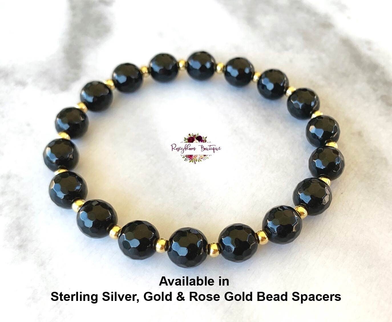 Chakra Stretch Bracelet | 6mm Beads, Sterling Silver Spacers | Men/Women (Black Tourmaline) Medium