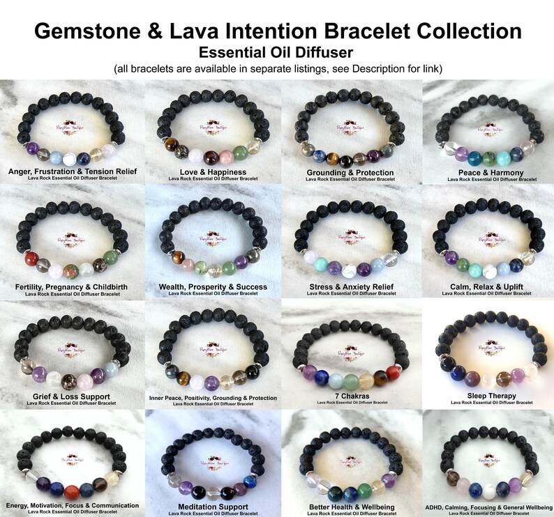 Puede incluir: Una colecci&oacute;n de 16 pulseras difusoras de aceite esencial de roca de lava con varias cuentas de piedras preciosas. Cada pulsera presenta una combinaci&oacute;n diferente de piedras preciosas y est&aacute; etiquetada con una intenci&oacute;n correspondiente, como "Amor y felicidad", "Conexi&oacute;n a tierra y protecci&oacute;n" y "Alivio del estr&eacute;s y la ansiedad".