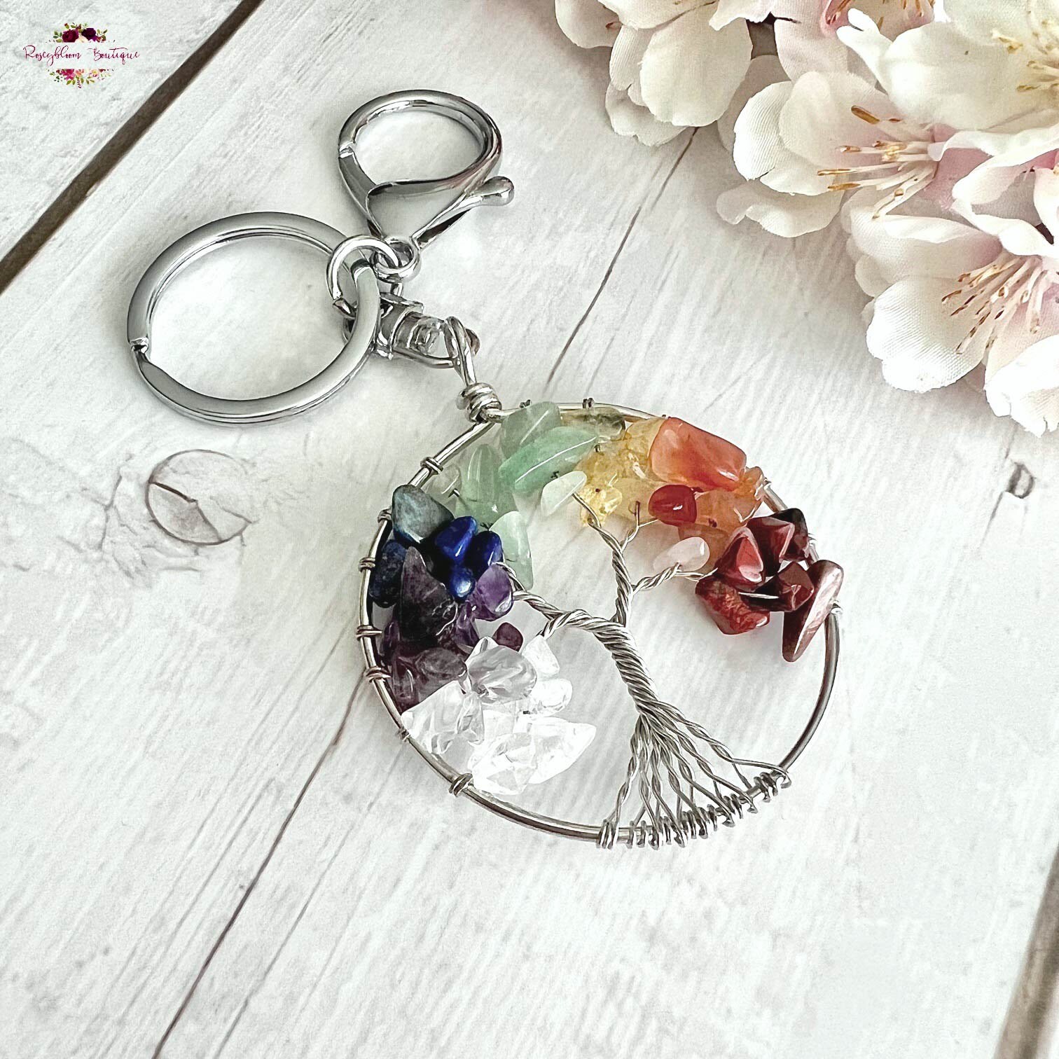 Netted Crystal Key Rings TREE OF LIFE 7 Chakras Gemstone Keychain-7 Chakras Key Ring-crystal ...
