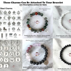 Puede incluir: Una selecci&oacute;n de abalorios de acero inoxidable para pulseras, incluyendo letras, s&iacute;mbolos y animales. Los abalorios se muestran sobre un fondo blanco. Tambi&eacute;n hay pulseras de muestra con diferentes abalorios unidos, incluyendo un coraz&oacute;n, un &aacute;rbol de la vida, una inicial y un triskel.