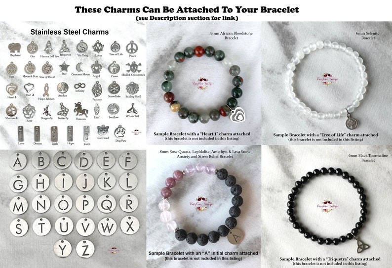 Puede incluir: Una selecci&oacute;n de abalorios de acero inoxidable para pulseras, incluyendo letras, s&iacute;mbolos y animales. Los abalorios se muestran sobre un fondo blanco. Tambi&eacute;n hay pulseras de muestra con diferentes abalorios unidos, incluyendo un coraz&oacute;n, un &aacute;rbol de la vida, una inicial y un triskel.