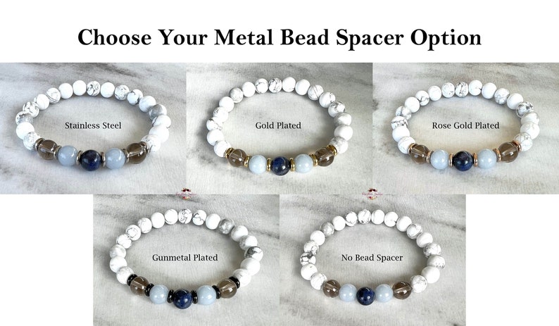 May include: Five bracelets with white beads and different metal bead spacers. The spacers are stainless steel, gold plated, rose gold plated, gunmetal plated, and no bead spacer.
