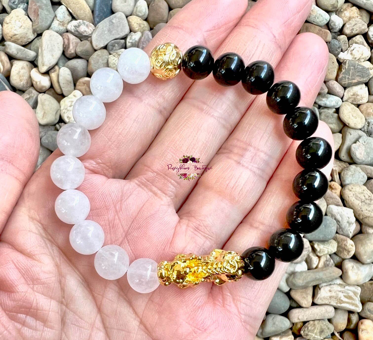 Feng Shui Pixiu, White Jade & Black Obsidian Wealth Luck