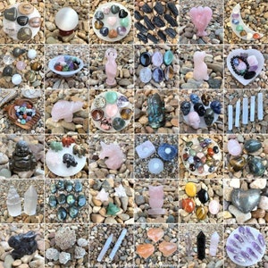 May include: A collection of various crystals, stones, and figurines, including a pink unicorn, a pink owl, a turtle, a Buddha statue, a skull, and a variety of heart-shaped stones. The items are arranged on a white background with a scattering of small stones.
