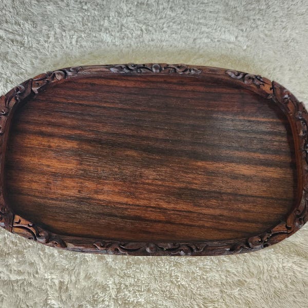 Vintage Hand Carved Dark Wood Tray - Ornate Floral Scroll Border Serving Platter - Small Timber Tea Ceremony Stand Vanity Catchall