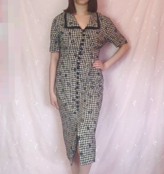 90s Gingham Dress Black White Floral Maxi Grunge B