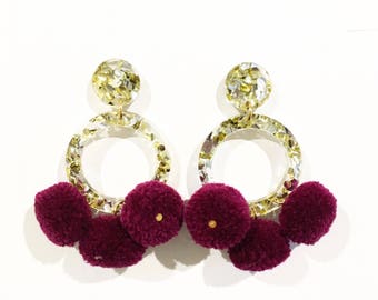 Gold and silver glitter burgundy Pom Pom earrings, drop earrings, acrylic earrings, laser cut earrings