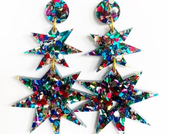 STAR drop earrings. Rainbow confetti glitter acrylic.