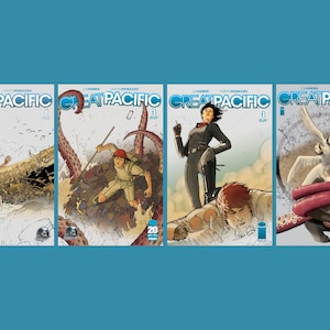 Op de afbeelding: Vier comicboekomslagen met een graphic novel met de titel "Great Pacific". De omslagen tonen een verscheidenheid aan personages en scènes, waaronder een man in een boot, een vrouw in een zwart pak en een man met een vogel.