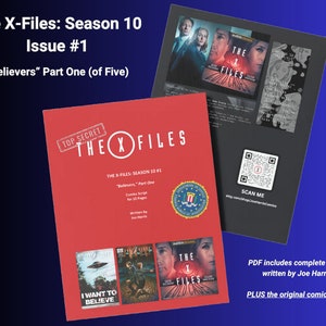 Può includere: Copertina del fumetto The X-Files: Stagione 10, numero 1, con sfondo rosso e il titolo "The X-Files" in bianco. La copertina include anche un timbro "Top Secret" e un'immagine in bianco e nero di un UFO. Il testo "I Want to Believe" è stampato in bianco su sfondo nero.
