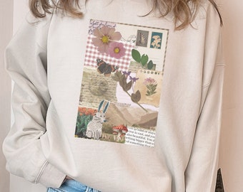 Cottagecore Scrap Book Sweater Retro Aesthetic Personalizable Sweatshirt Butterfly Wings Rabbit Mushroom Pressed Flowers Nostalgic Collage