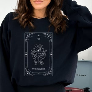 Sudadera con esqueleto de carta de tarot para amantes, camiseta de tarot, fase lunar, baraja de tarot mística, cuello redondo retro, gótica, romántica, caprichosa, igótica, estética