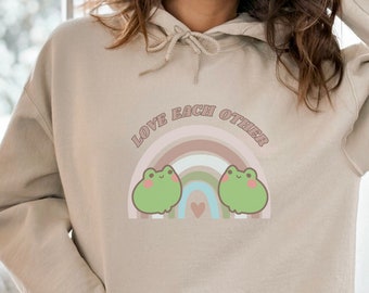Kawaii Frog Hoodie Sweatshirt Cozy Rainbow Froggy Hoodie Frog Lover Gift Cottagecore Frog Sweater Cute Frogs Kawaii Aesthetic Frogs In Love