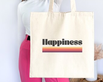 Retro 70s Good Vibes Happiness Tote Bag Positive Gift Tote Bag Vintage Inspired Fall Tote Bag Grocery Bag Farmers Market Canvas Tote
