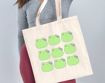 Frog Tote Bag Tote Bags Cottagecore Bag Frog Tote Reusable Shopping Bag Cute Frog Print Frog Bag Cotton Canvas Bag Kawaii Froggy Bag