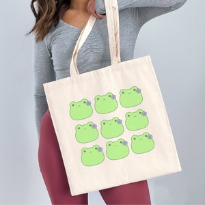 Frog Tote Bag Tote Bags Cottagecore Bag Frog Tote Reusable Shopping Bag Cute Frog Print Frog Bag Cotton Canvas Bag Kawaii Froggy Bag