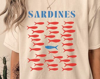 Camiseta con estampado de sardinas enlatadas, estilo retro de pescador, camiseta náutica, camiseta para amantes del marisco, camiseta de viaje inspirada en el océano y la costa, nieta