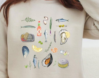 Sweat-shirt sardines et huîtres Vieil argent Luxe fruits de mer Huîtres Pull de poisson en conserve Gourmets Esthétique côtière Moules Palourdes Maquereau Trucs preppy