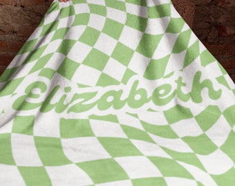 Customizable Checker Blanket Pistachio Green Boho Checked Blanket Pattern Sherpa Fleece Checkerboard Print Blanket Retro Check Design