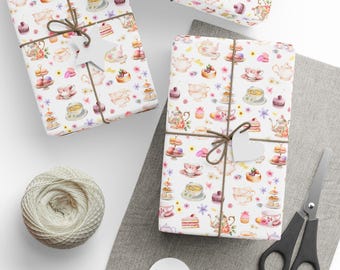 Tea Party Gift Wrap Watercolor Teacups Pastries Desserts High Tea Wrapping Paper Luxury Barista Foodie Aesthetic Holiday Wrapping Paper