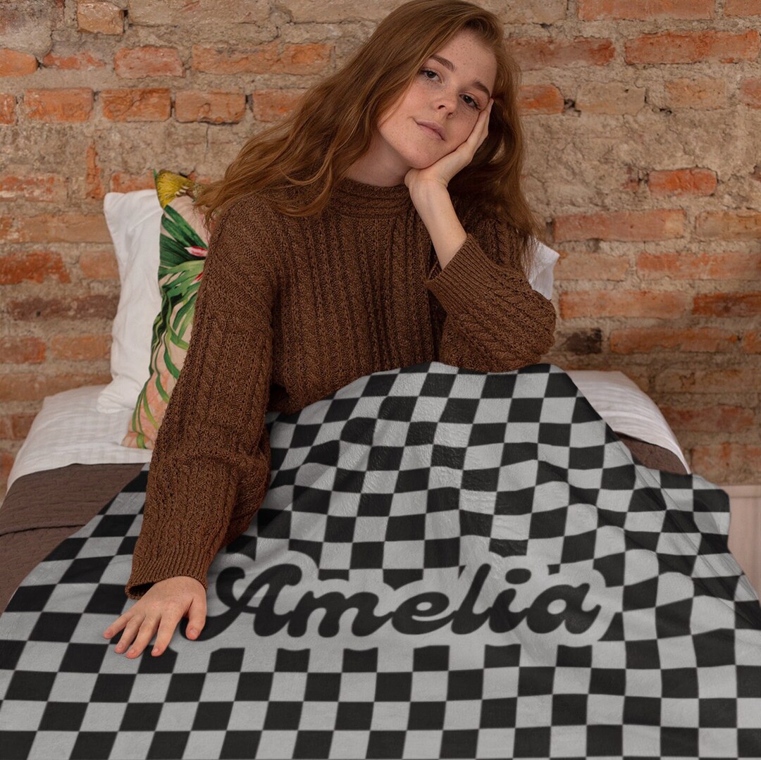 Personalized Grey Black Checkered Blanket Sherpa Fleece Blanket Classic