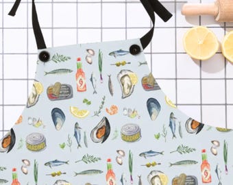 Oyster Seafood Apron Sardines Oysters Mussels Art Tinned Fish Coastal Culinary Aesthetic Gift For Chef Foodie Restaurant Kitchen Accessory