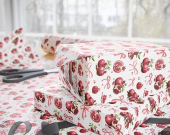 Pomegranate Wrapping Paper Retro Watercolor Cottagecore Botanical Pomegranates Gift Wrap Coquette Bow Aesthetic Luxury Holiday Gift Wrap
