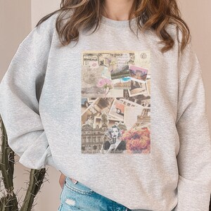 Sudadera parisina, suéter de álbum de recortes de París, amante retro, estética vintage, nostálgica, romántica, cartas de amor, flores prensadas, fotos Polaroid.