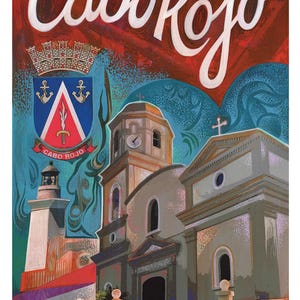 Può includere: Un colorato poster di viaggio di Cabo Rojo. L'opera presenta una chiesa, un faro e il testo "Cabo Rojo" in scrittura bianca. La bandiera portoricana è visibile. Il poster include anche il testo "EST 1771".