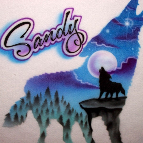 Howling Wolf Moon Hand Painted Airbrush T-Shirt With Night Sky and Personalized with Any Name.